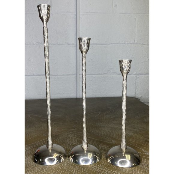 Tall Silver Candlestick‎ Holders Set 3 Graduated Textured Holders Tree Bark - Picture 2 of 8